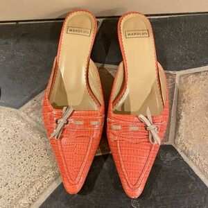 VTG Harold’s Pink Reptile Leather White Suede Ribbon Mules ITALY MADE 7 Narrow